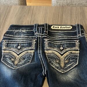 Rock Revival Dark Blue Boot Cut Jeans with White Stitching